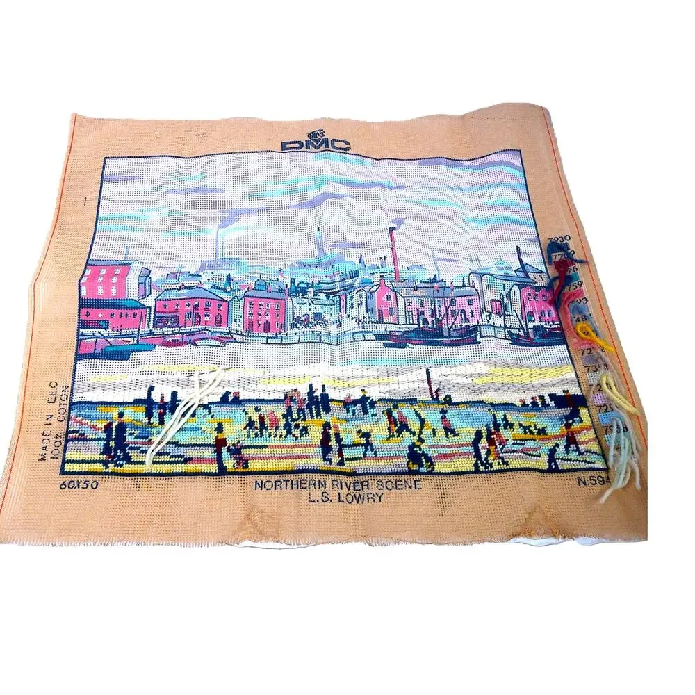 Vintage DMC Needlepoint Northern River Scene LS Lowry WITH Yarn